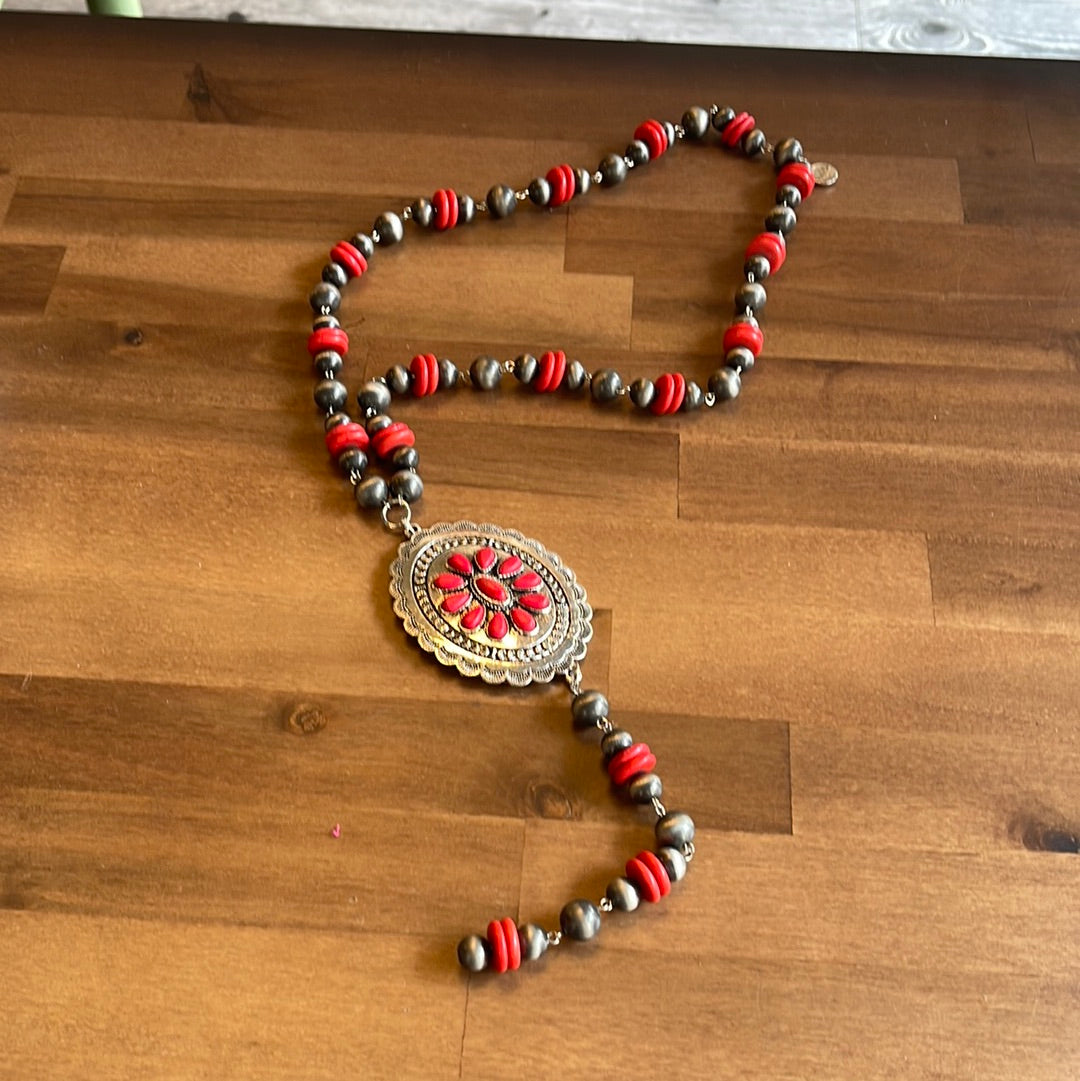 Red Navajo Pearl Concho Necklace