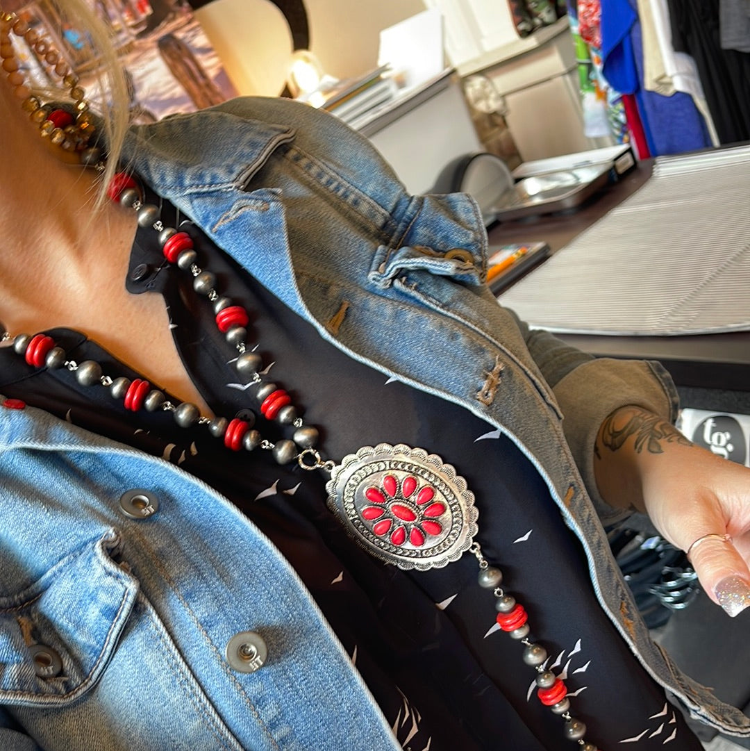 Red Navajo Pearl Concho Necklace