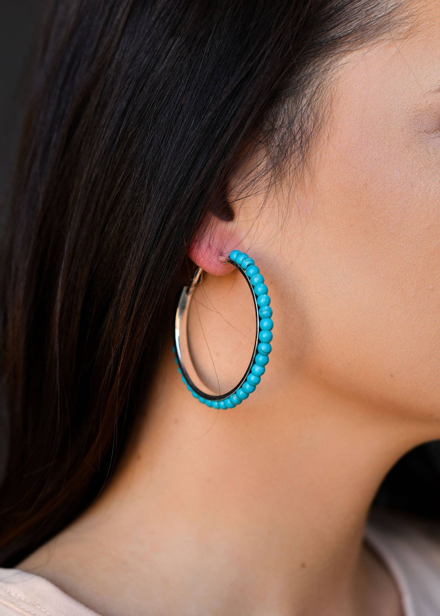 Worn Silver Turq Trimmed Hoop Earring