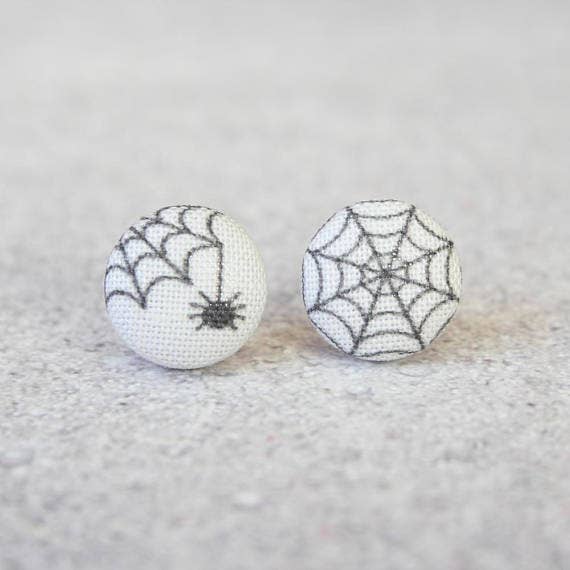Spider and Web Fabric Button Earrings