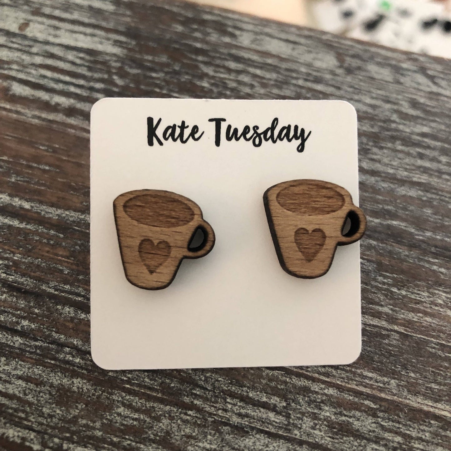 Real Wood Coffee Cup Heart Engraved Earrings