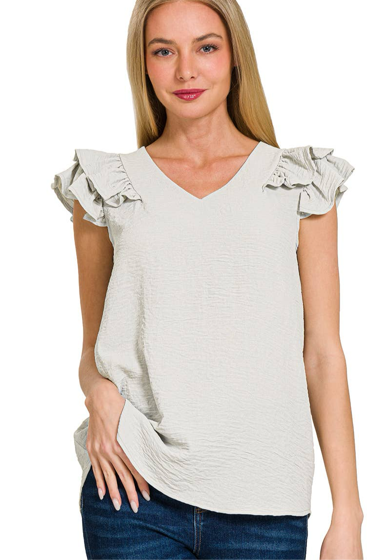 Woven Airflow Ruffle Top Grey