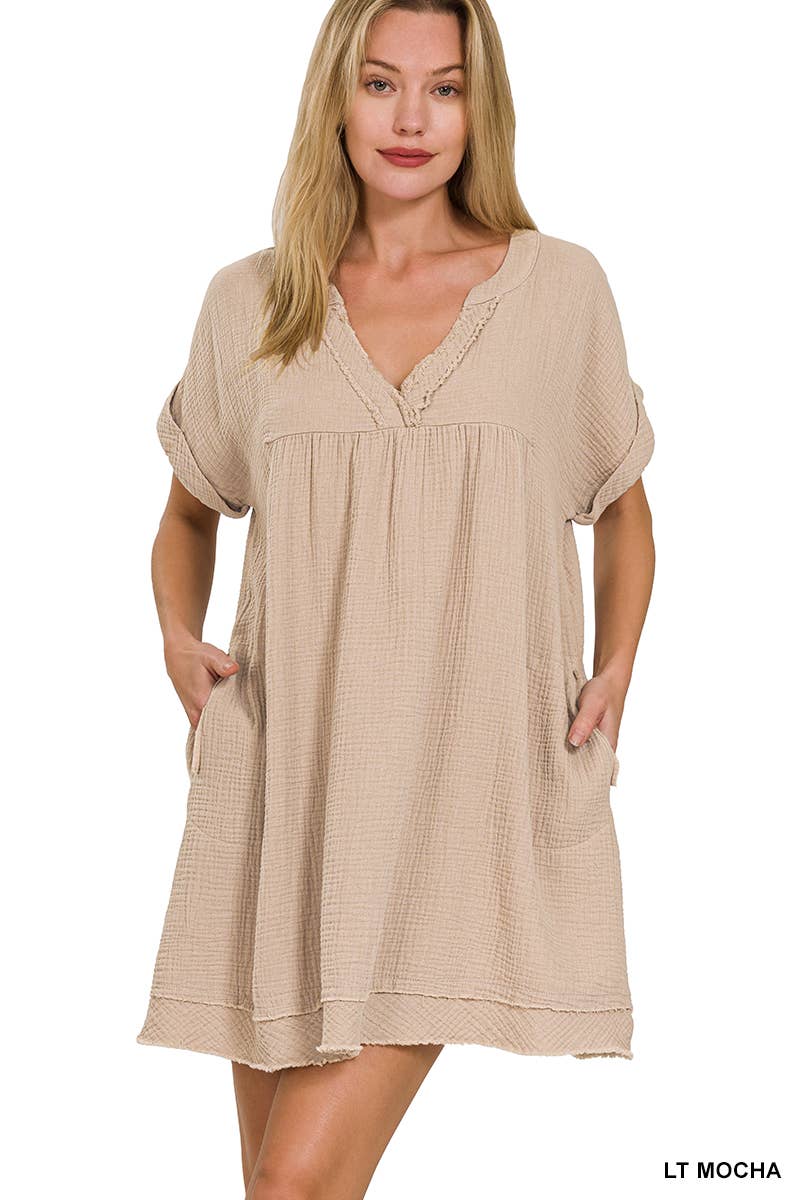 Rolled Short Sleeve Raw Edge Dress Lt. Mocha