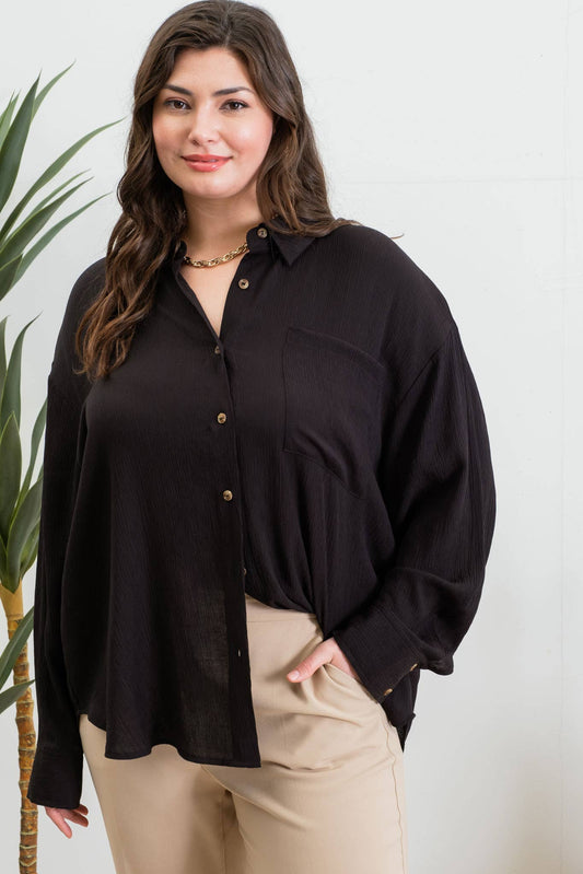 Textured Button Down Top Black