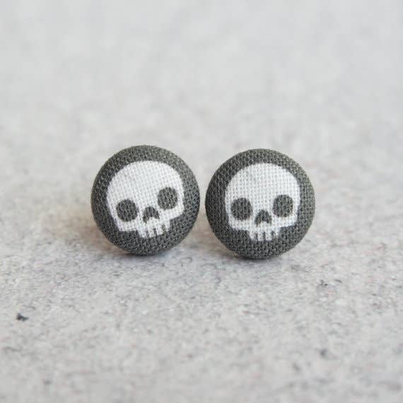 Black Skulls Fabric Button Earrings