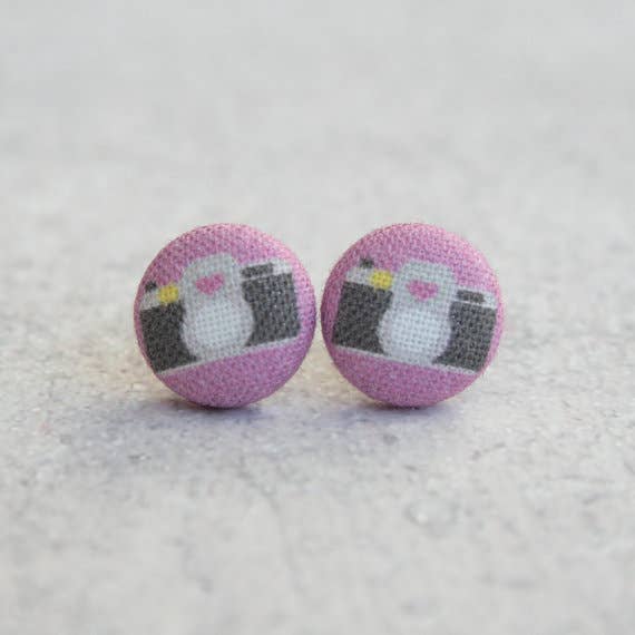Purple Camera Fabric Button Earrings