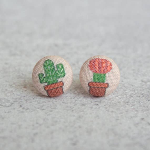 Cactus Fabric Button Earrings