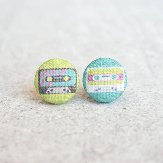 Cassette Tapes, Fabric Covered Button Earrings