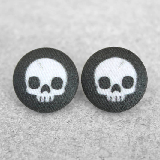 Bold 7/8 Inch Cute Skull on Black Fabric Button Earrings